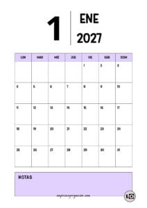 Calendario Mensual 2027 Minimalista Lila