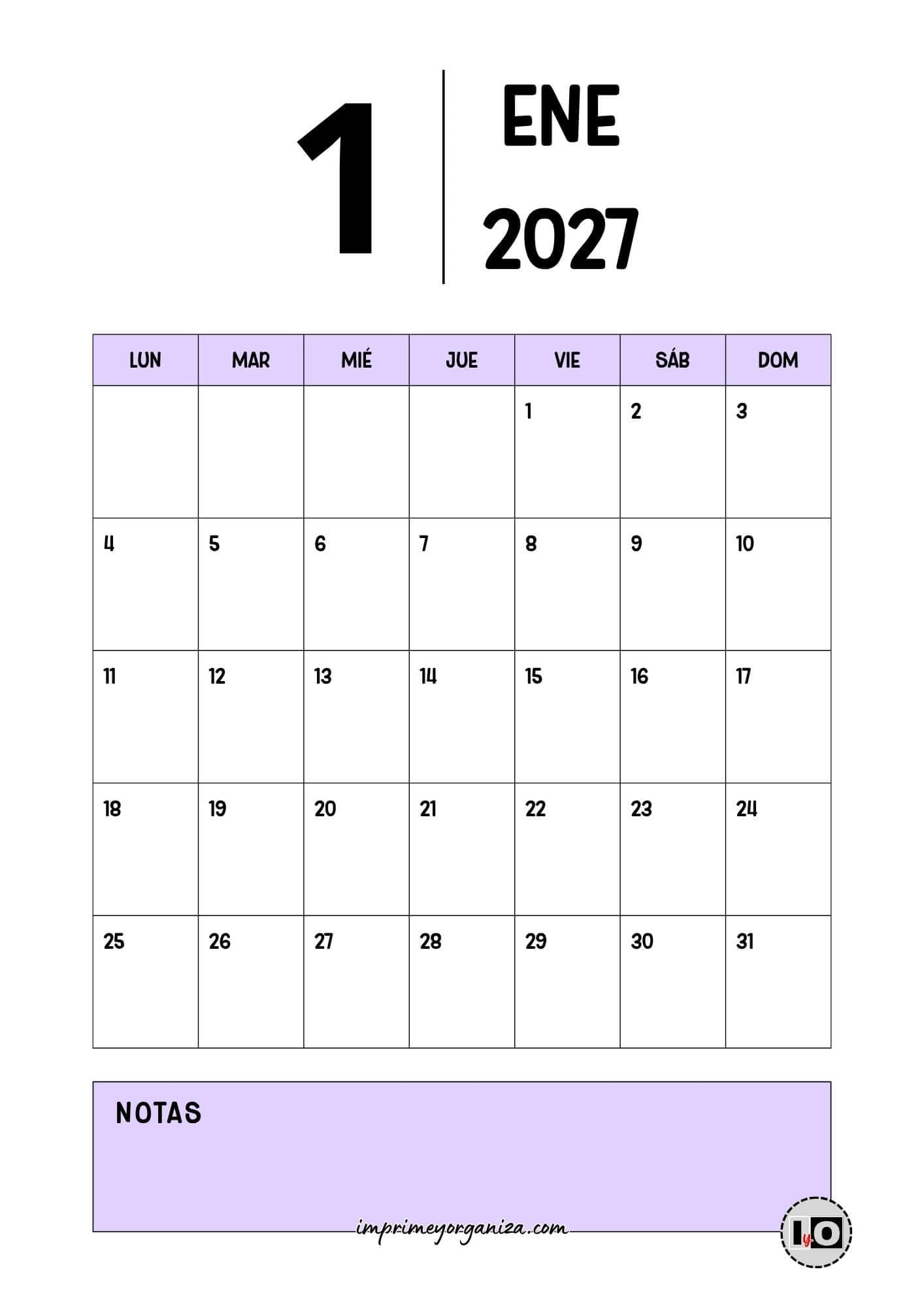 Calendario Mensual 2027 Minimalista Lila