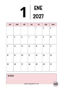 Calendario Mensual 2027 Minimalista Rosa