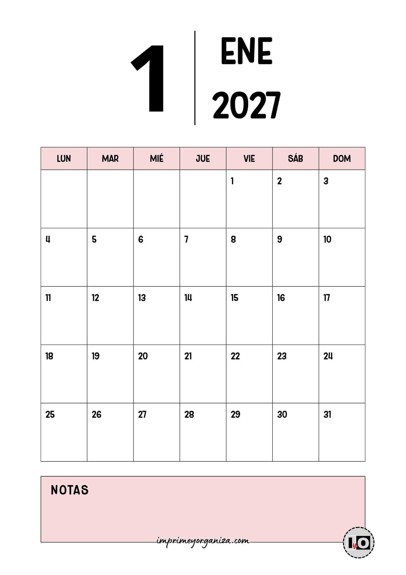 Calendario Mensual 2027 Minimalista Rosa