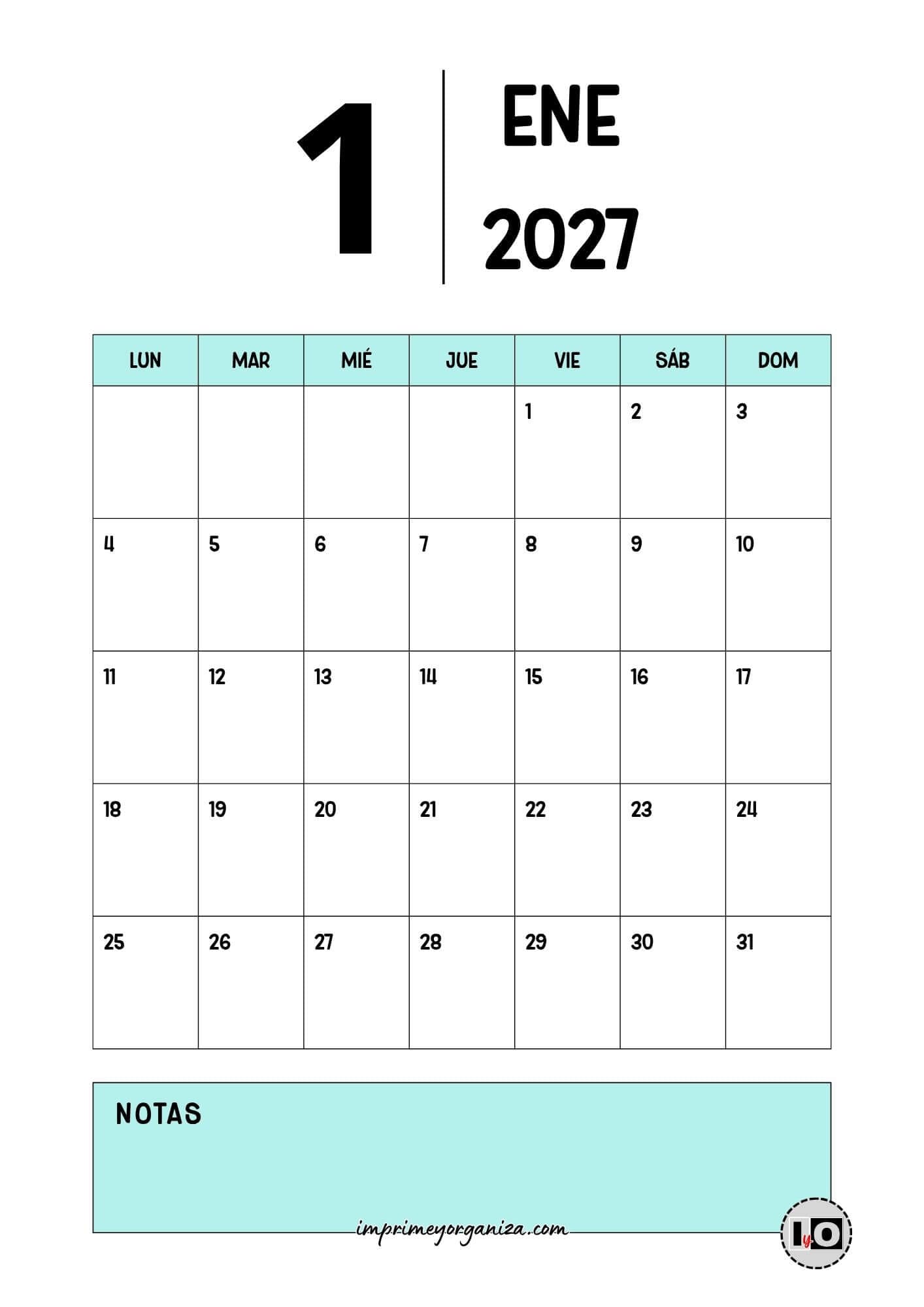 Calendario Mensual 2027 Minimalista Turquesa