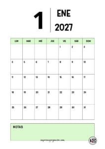 Calendario Mensual 2027 Minimalista Verde