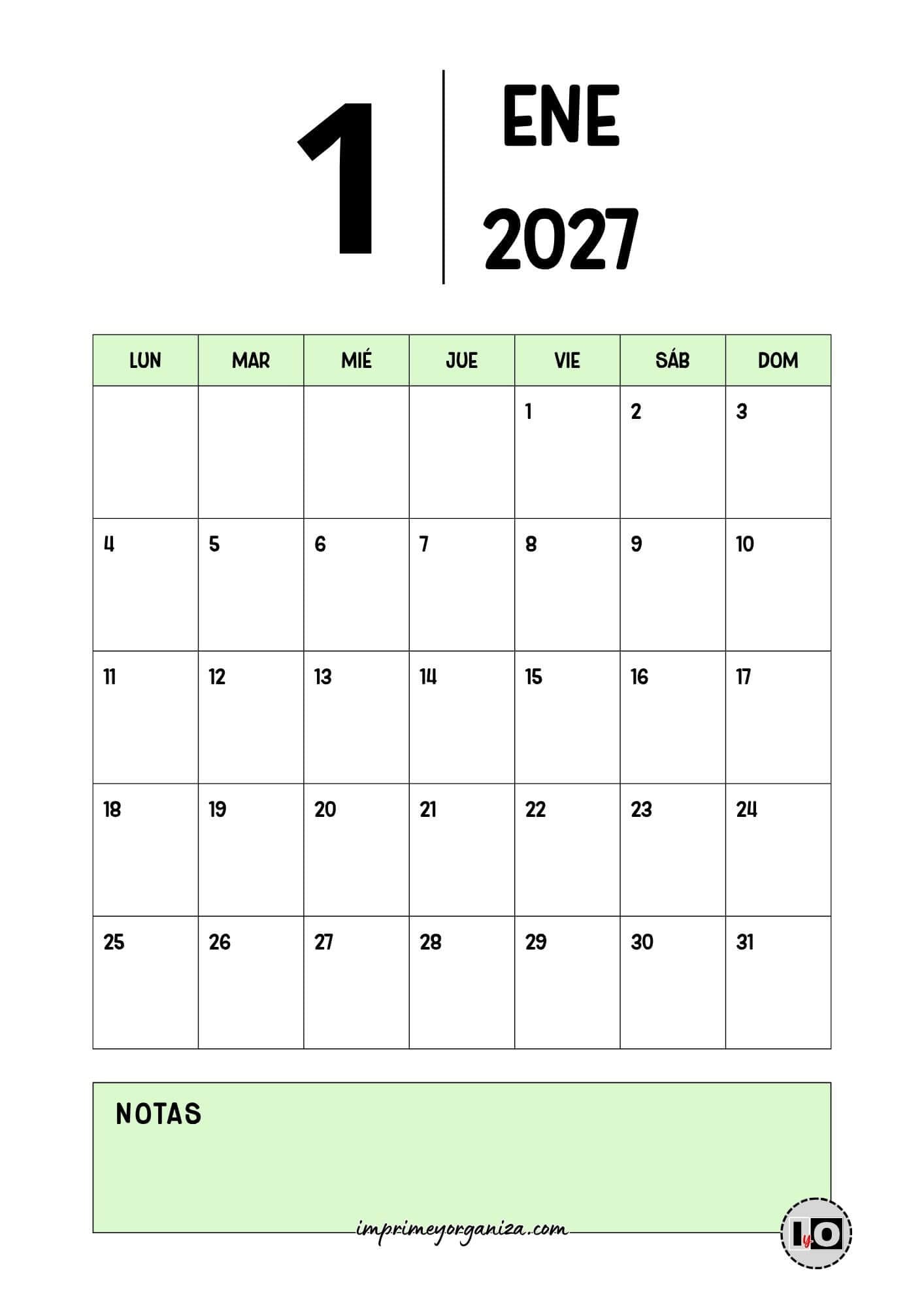 Calendario Mensual 2027 Minimalista Verde