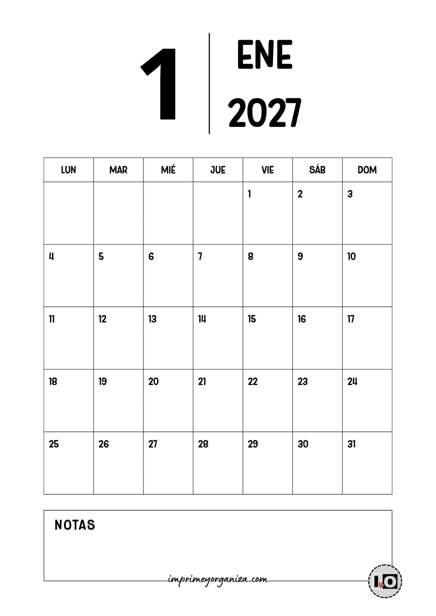 Calendario Mensual 2027 Minimalista