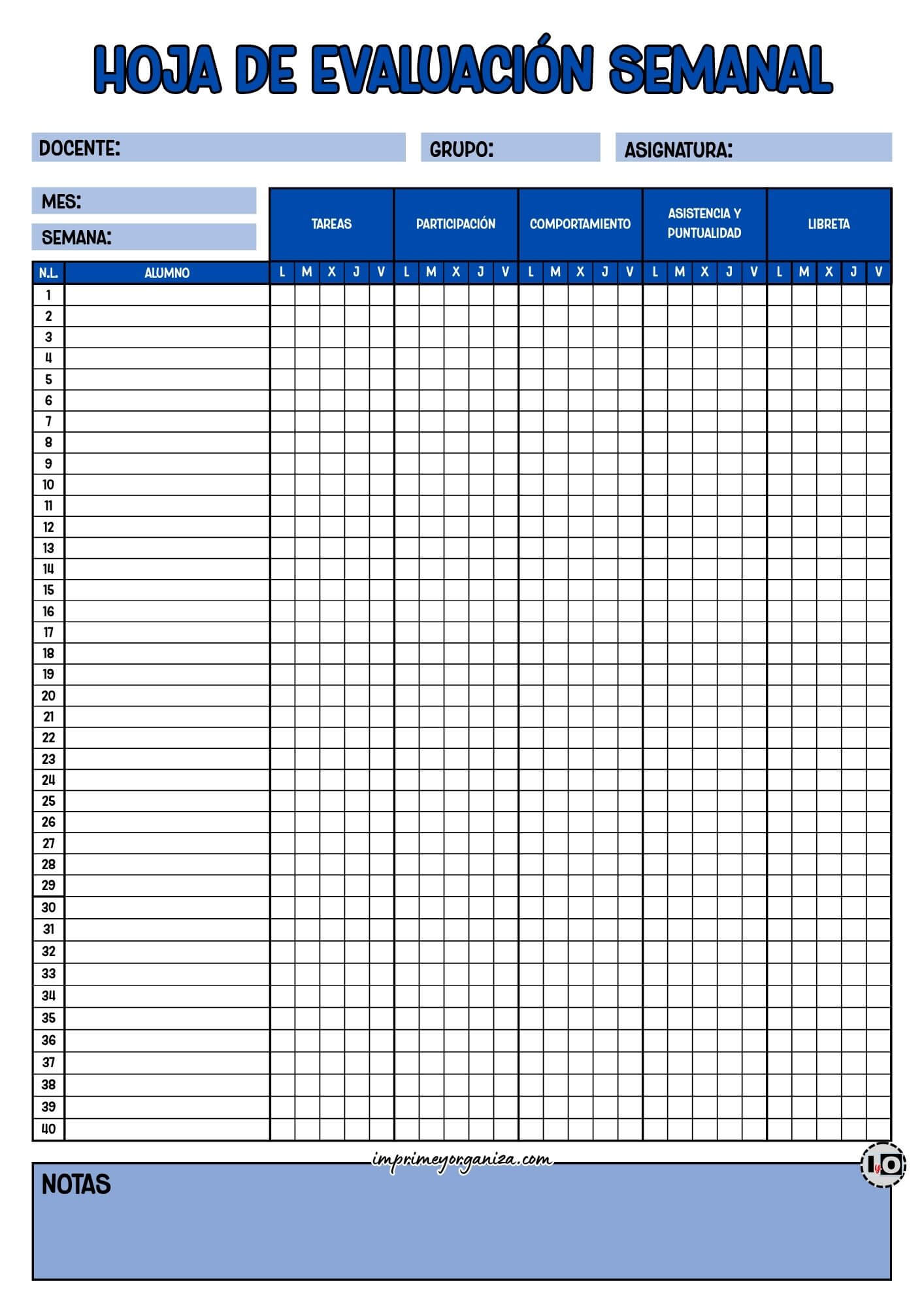 Hoja de Evaluación Semanal Azul Oscuro