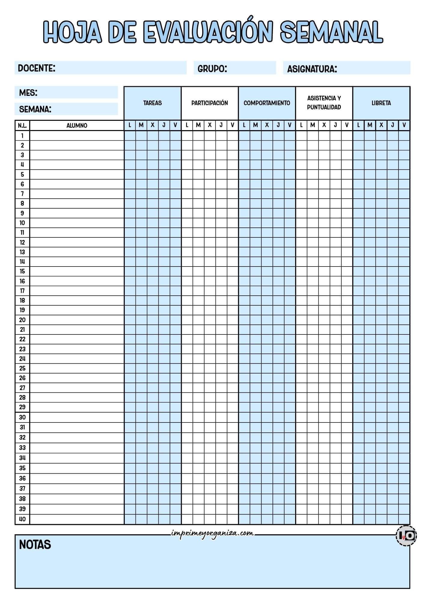 Hoja de Evaluación Semanal Azul