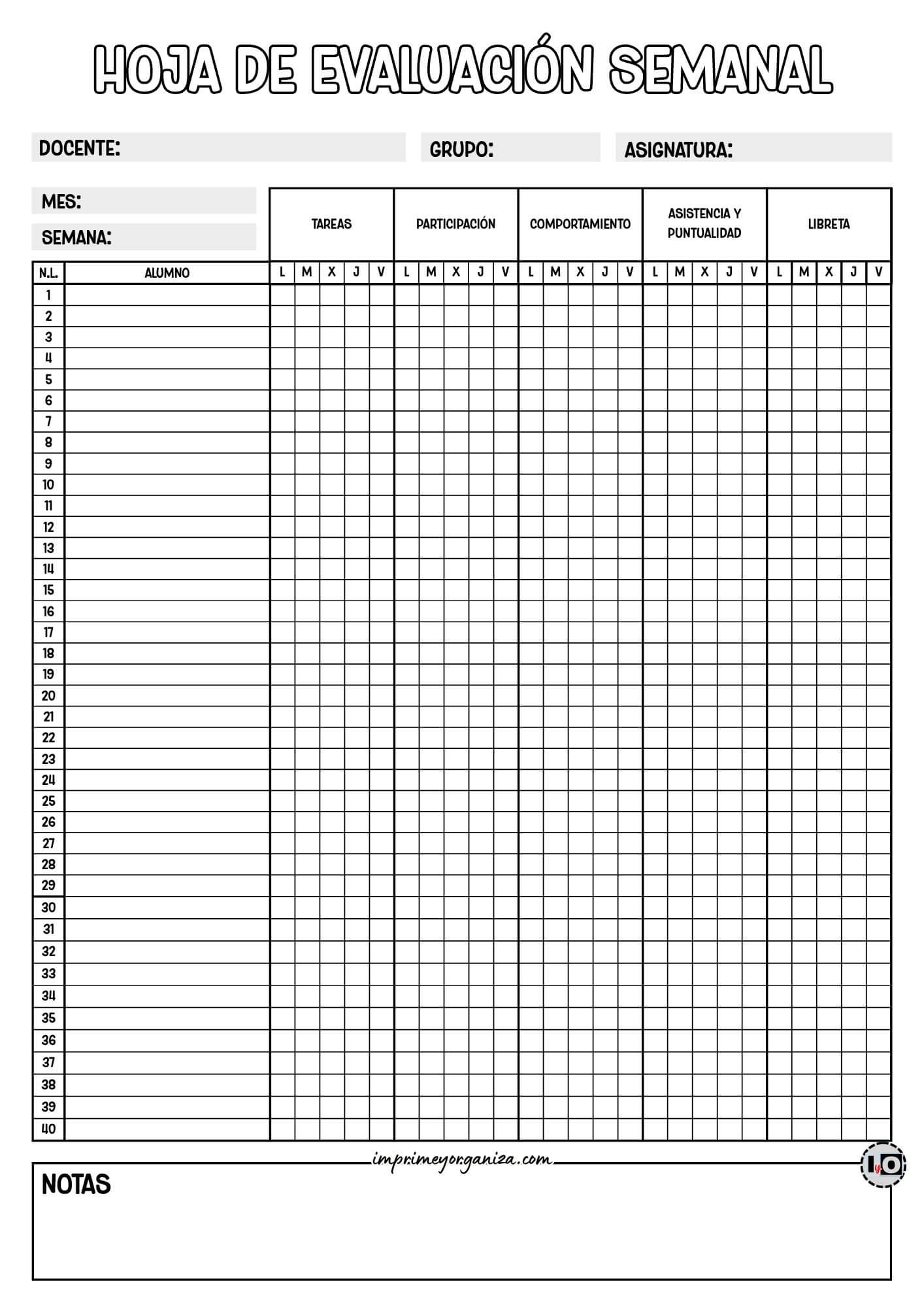 Hoja de Evaluación Semanal Blanco y Negro