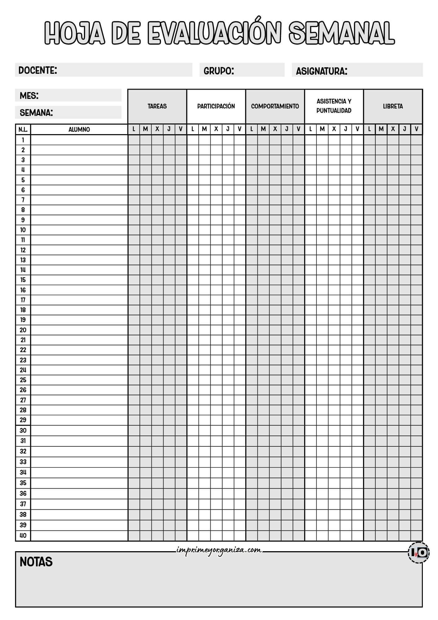 Hoja de Evaluación Semanal Gris