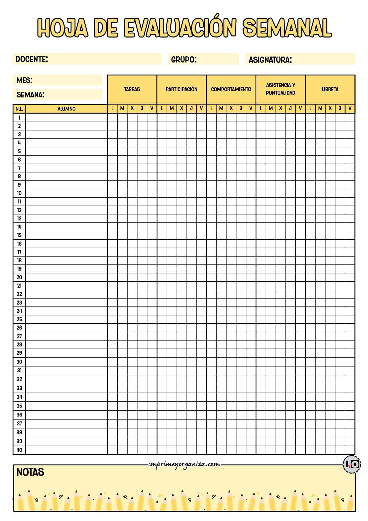 Hoja de Evaluación Semanal Lápices
