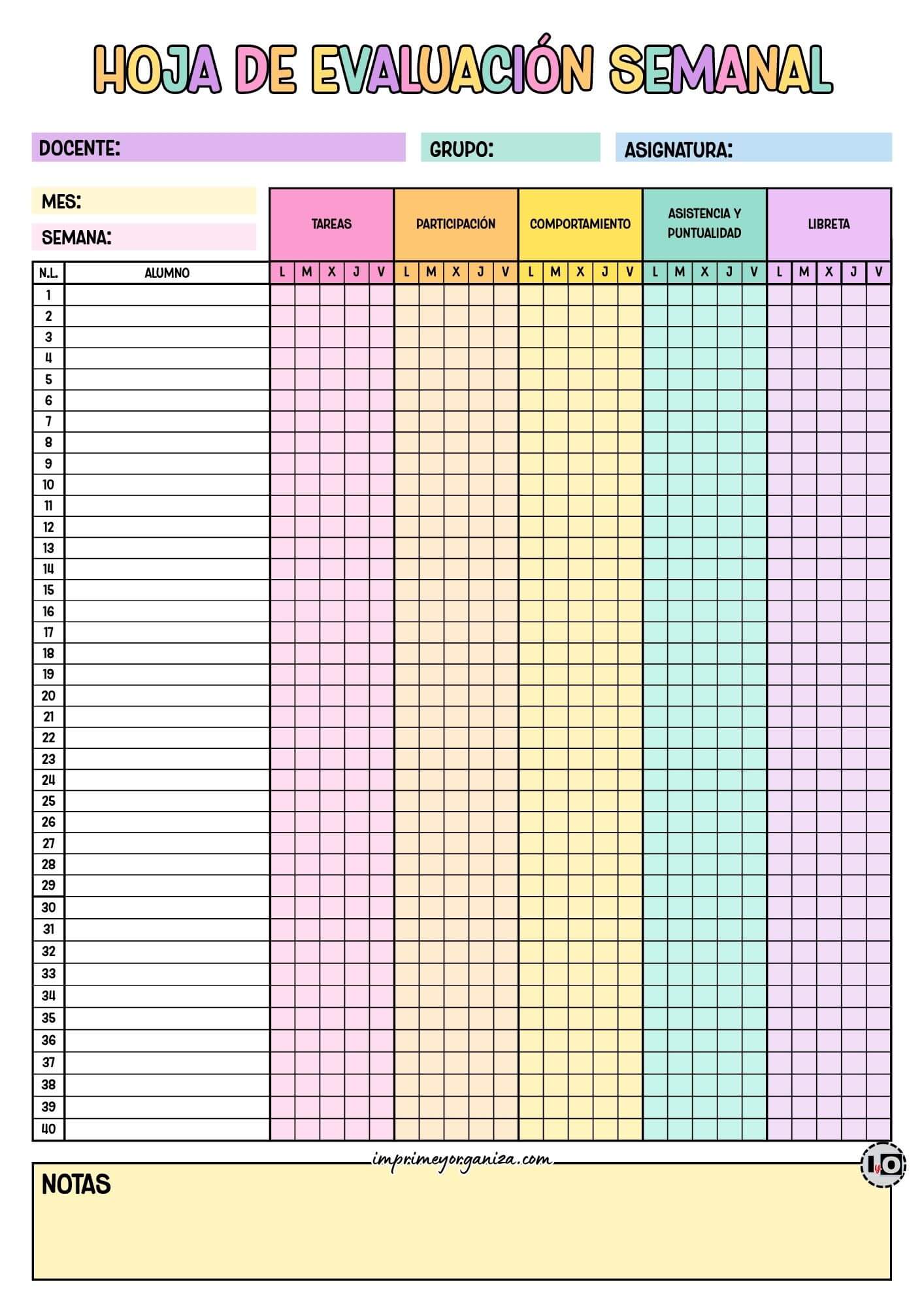 Hoja de Evaluación Semanal Pastel