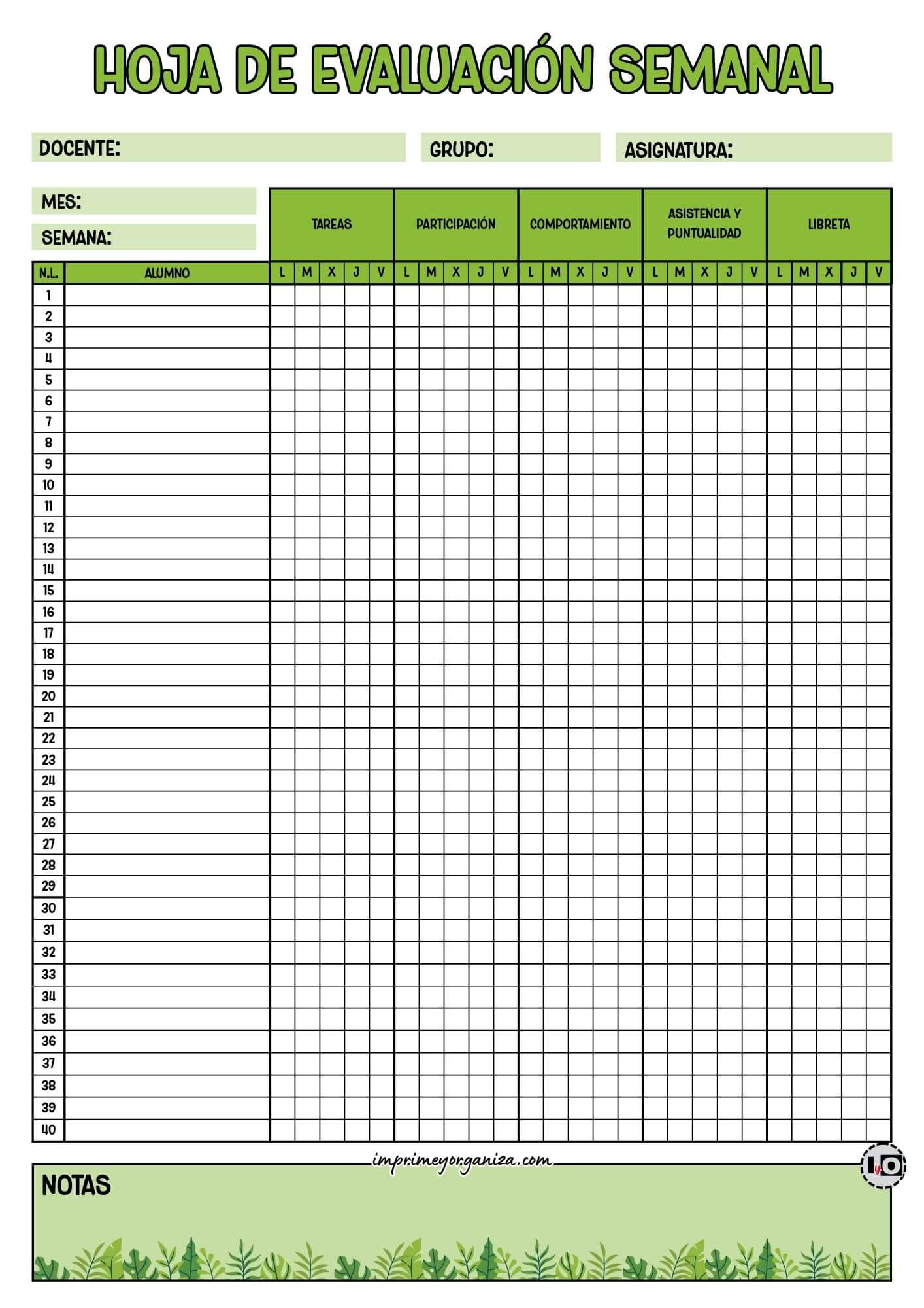 Hoja de Evaluación Semanal Verde y Hojas