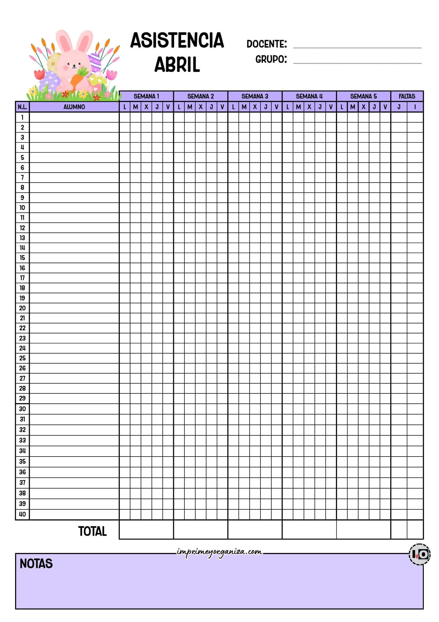 Lista de asistencia para 40 alumnos Abril