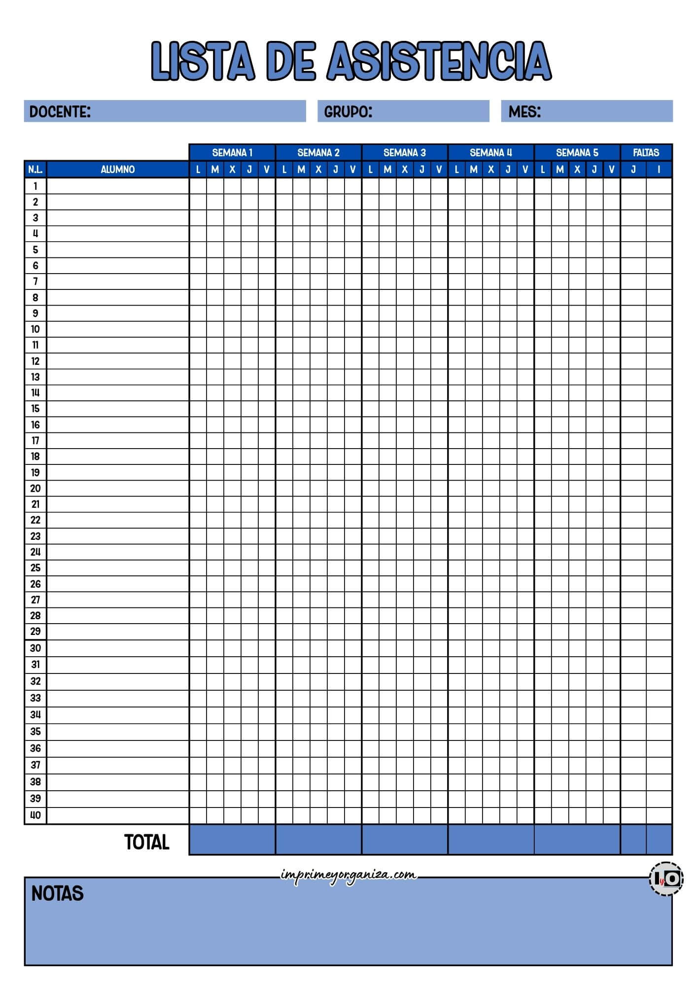 Lista de asistencia para 40 alumnos Azul Marino
