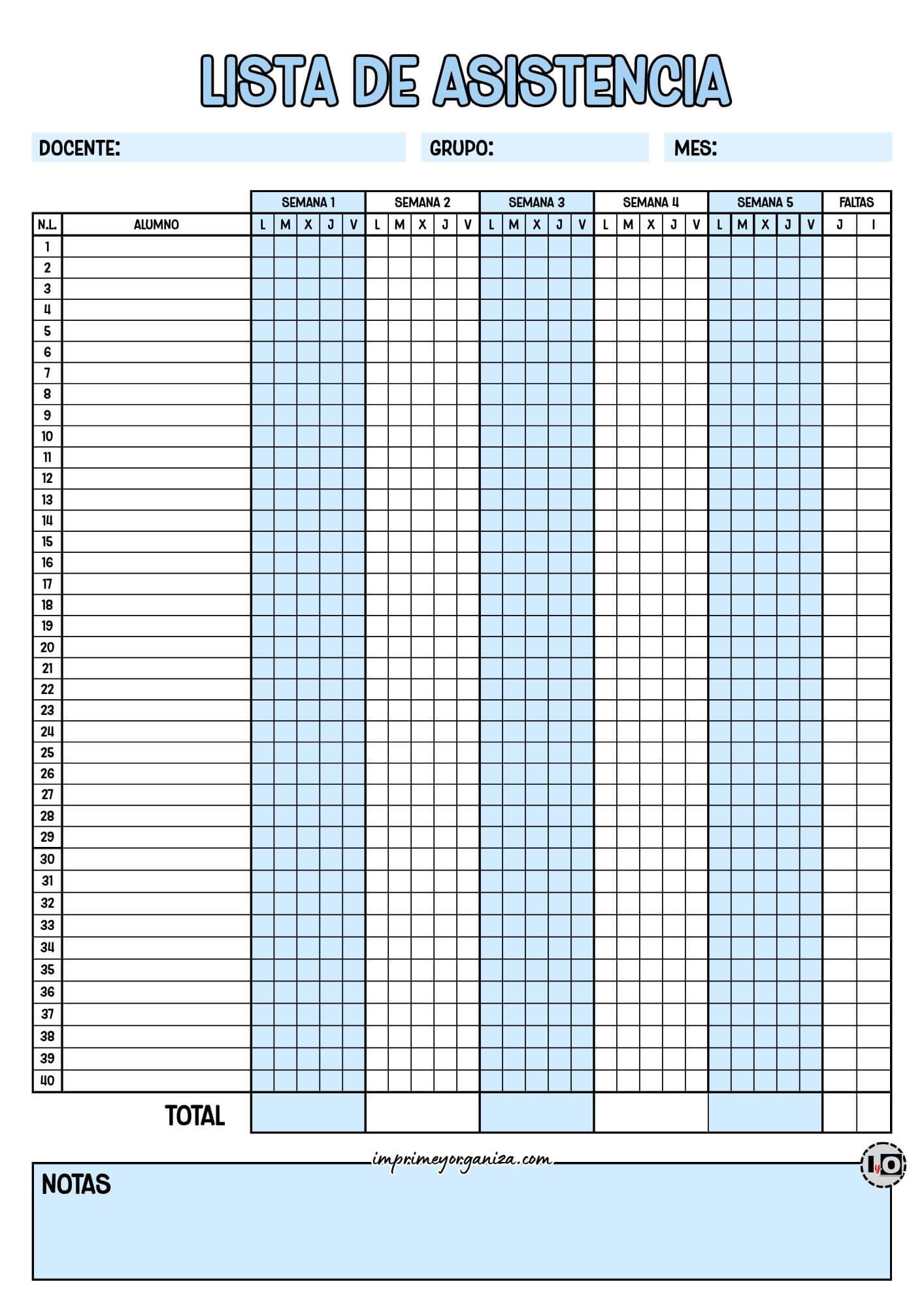 Lista de asistencia para 40 alumnos Azul