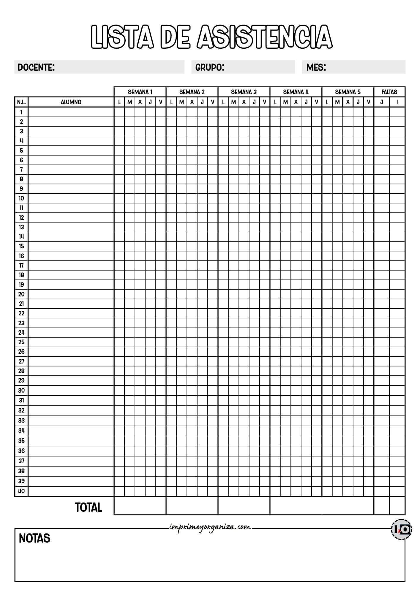 Lista de asistencia para 40 alumnos Blanco y Negro