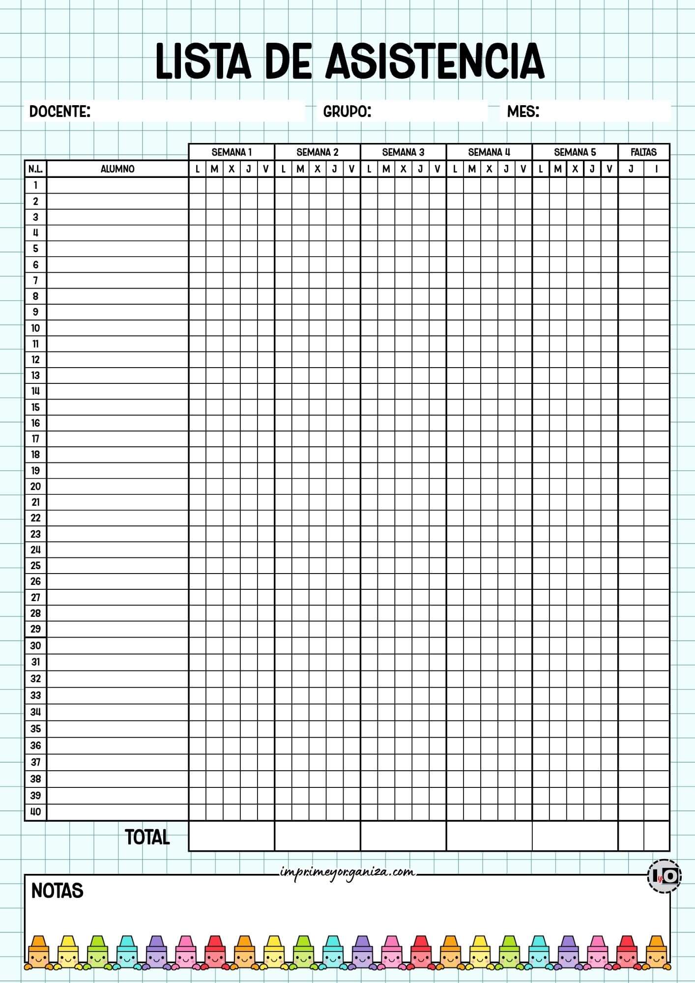 Lista de asistencia para 40 alumnos Crayola