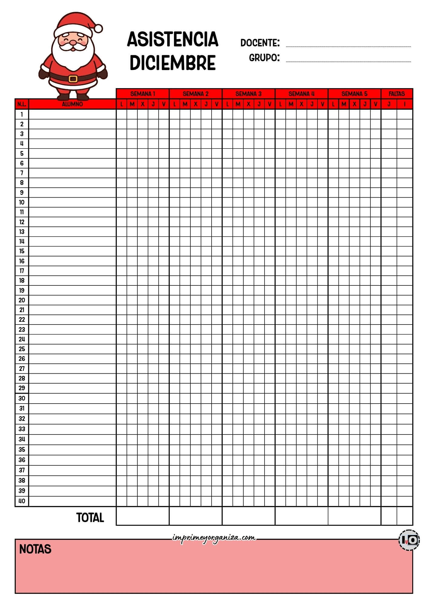 Lista de asistencia para 40 alumnos Diciembre
