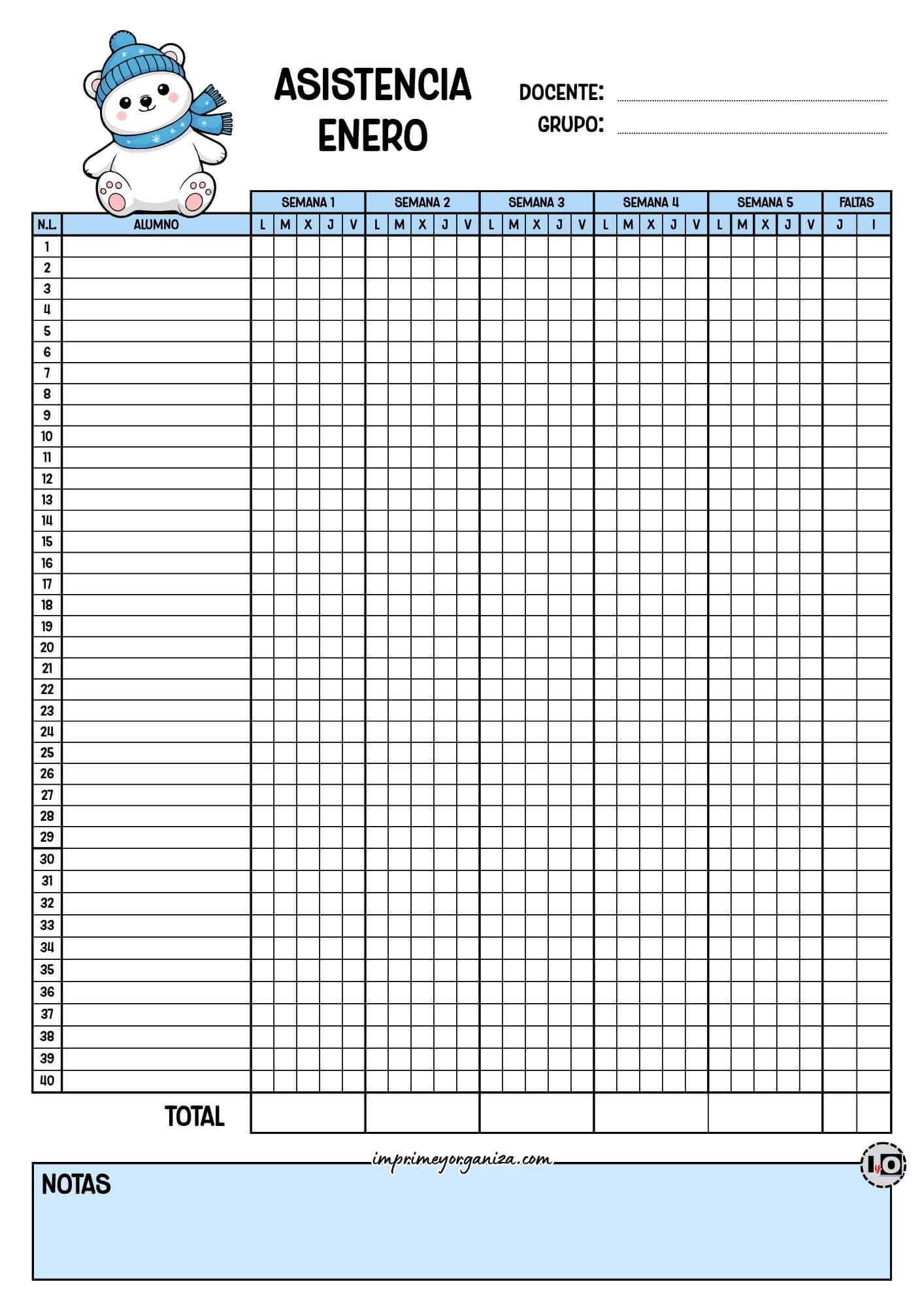 Lista de asistencia para 40 alumnos Enero