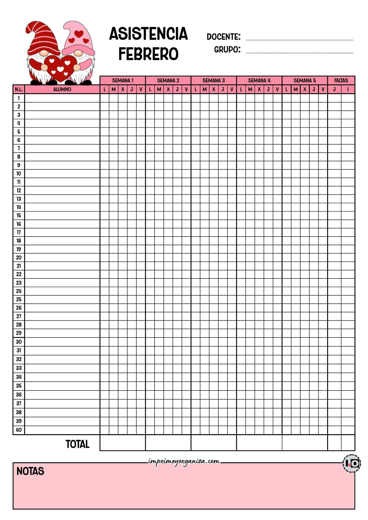 Lista de asistencia para 40 alumnos Febrero