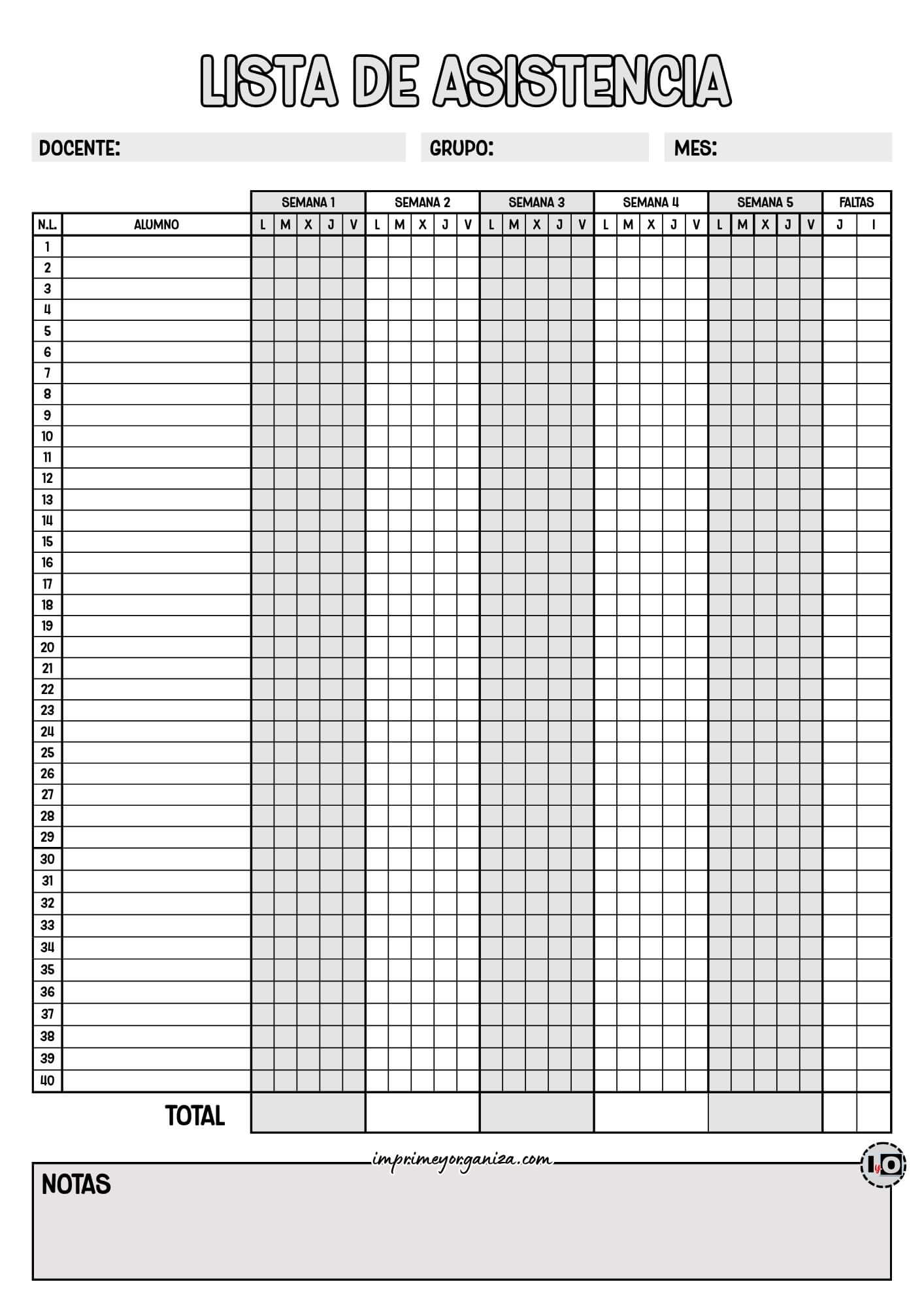 Lista de asistencia para 40 alumnos Gris