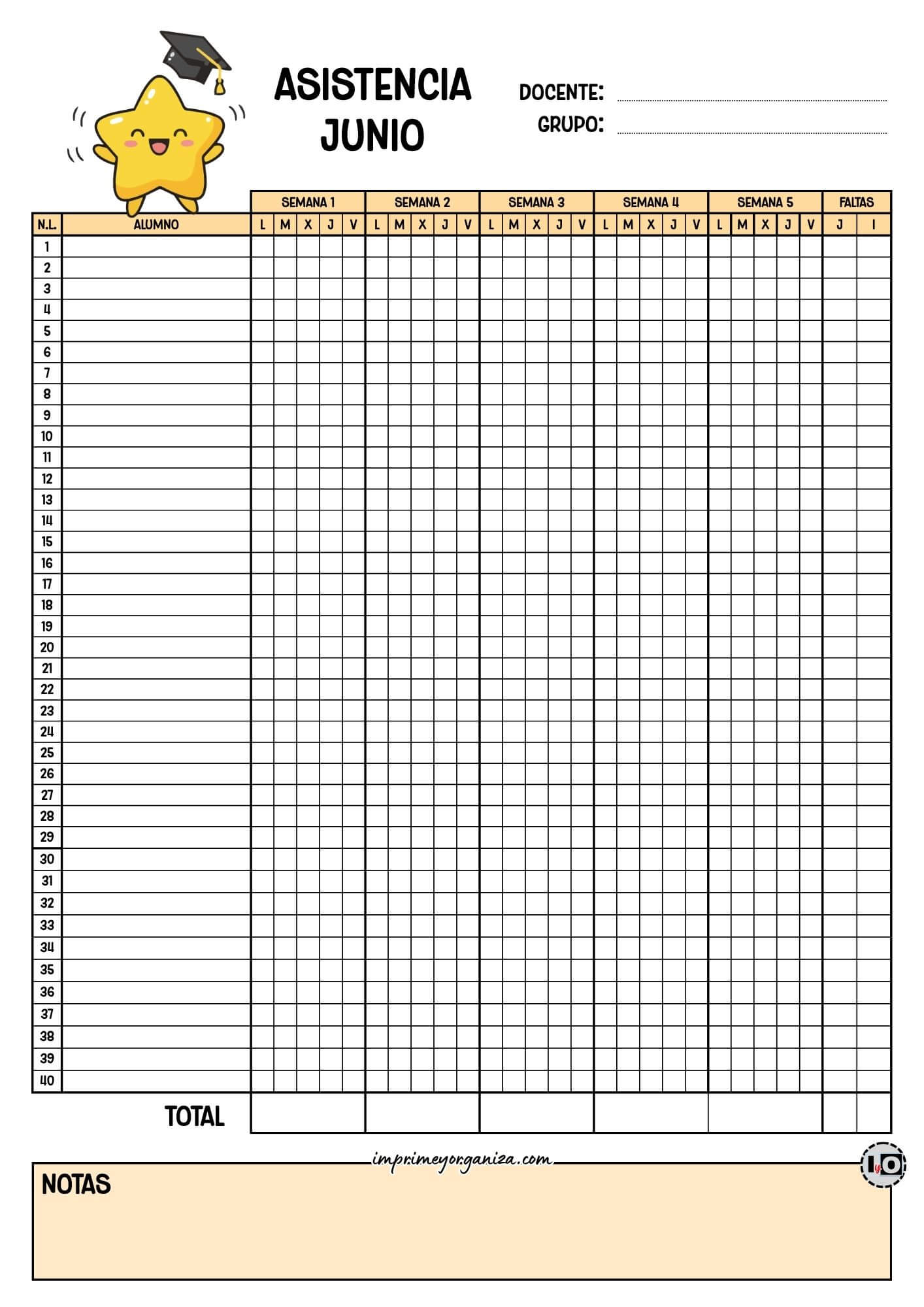 Lista de asistencia para 40 alumnos Junio