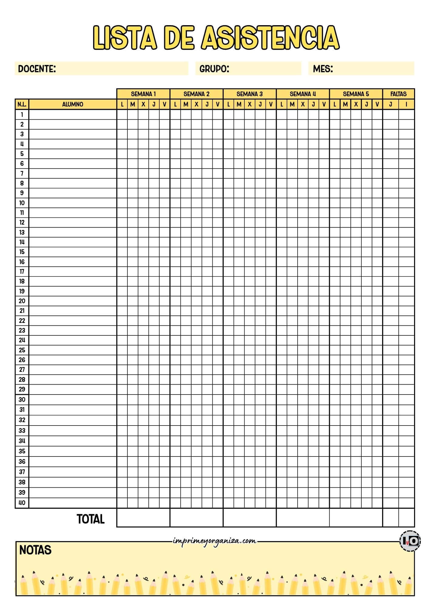 Lista de asistencia para 40 alumnos Lápices