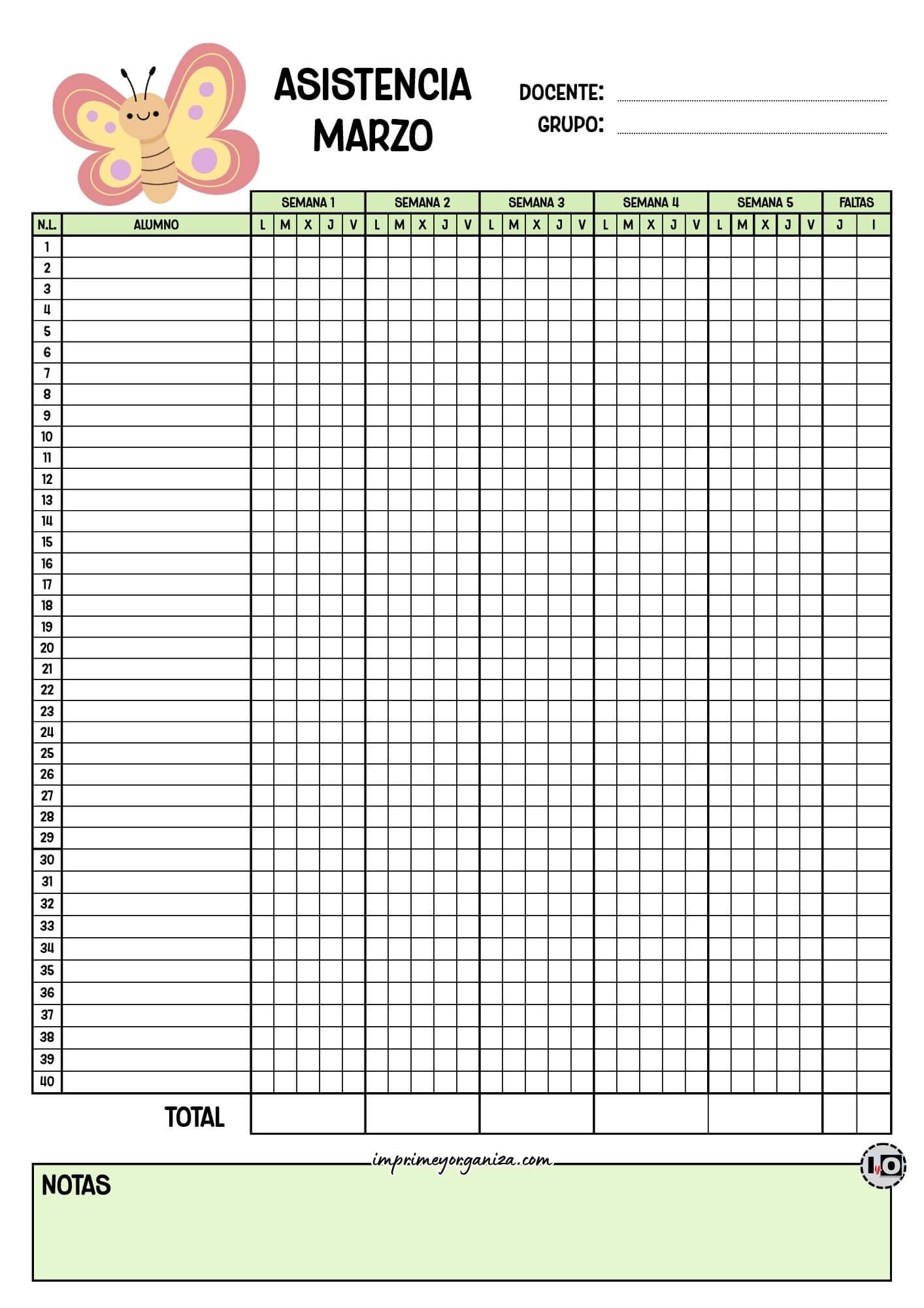 Lista de asistencia para 40 alumnos Marzo
