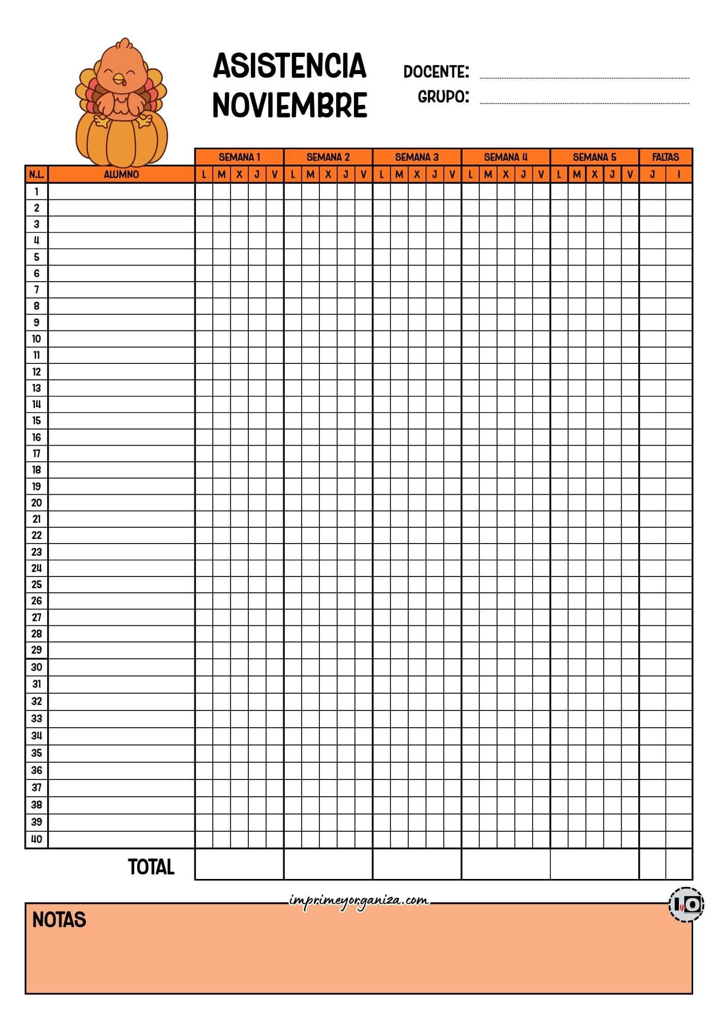Lista de asistencia para 40 alumnos Noviembre