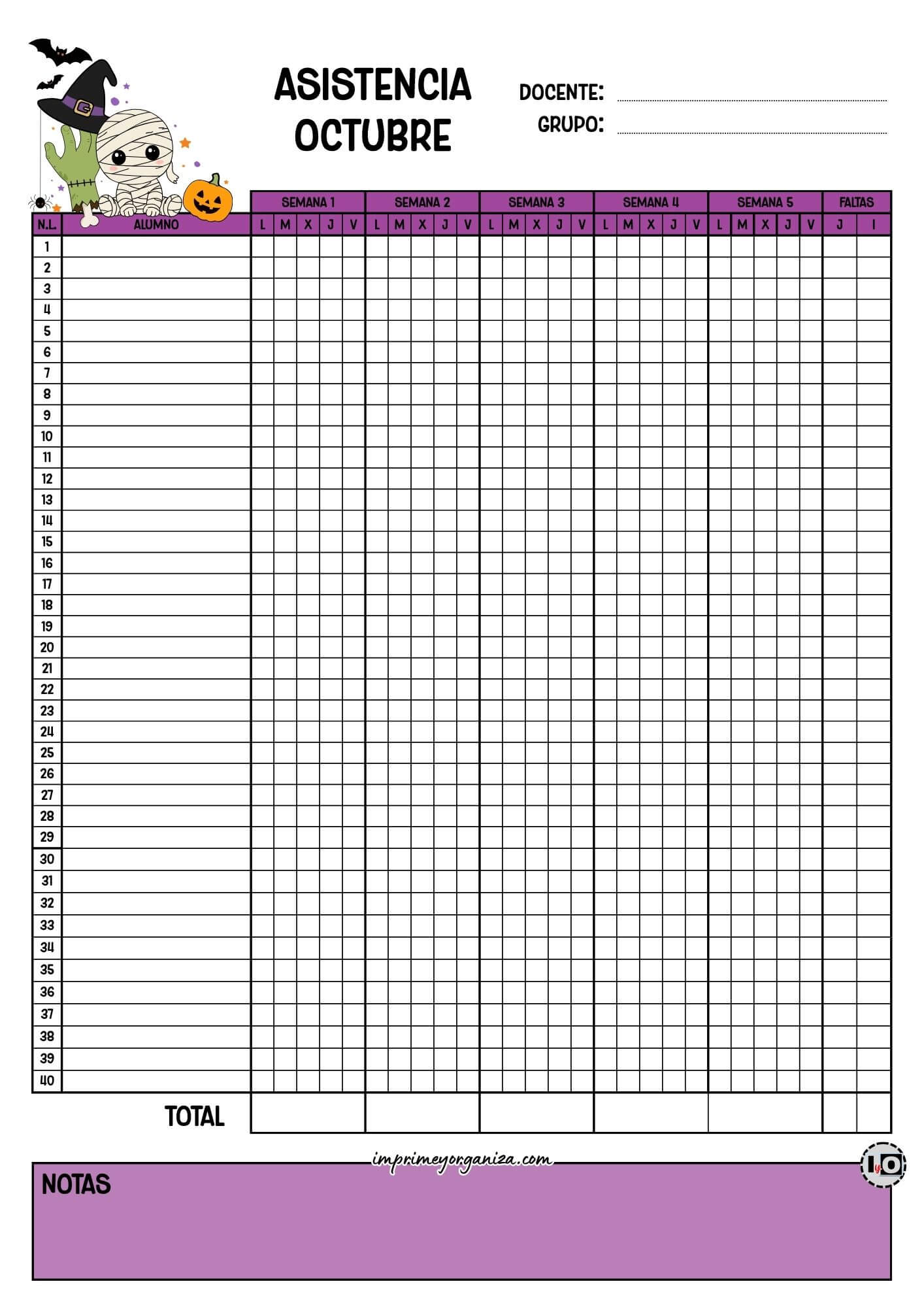 Lista de asistencia para 40 alumnos Octubre