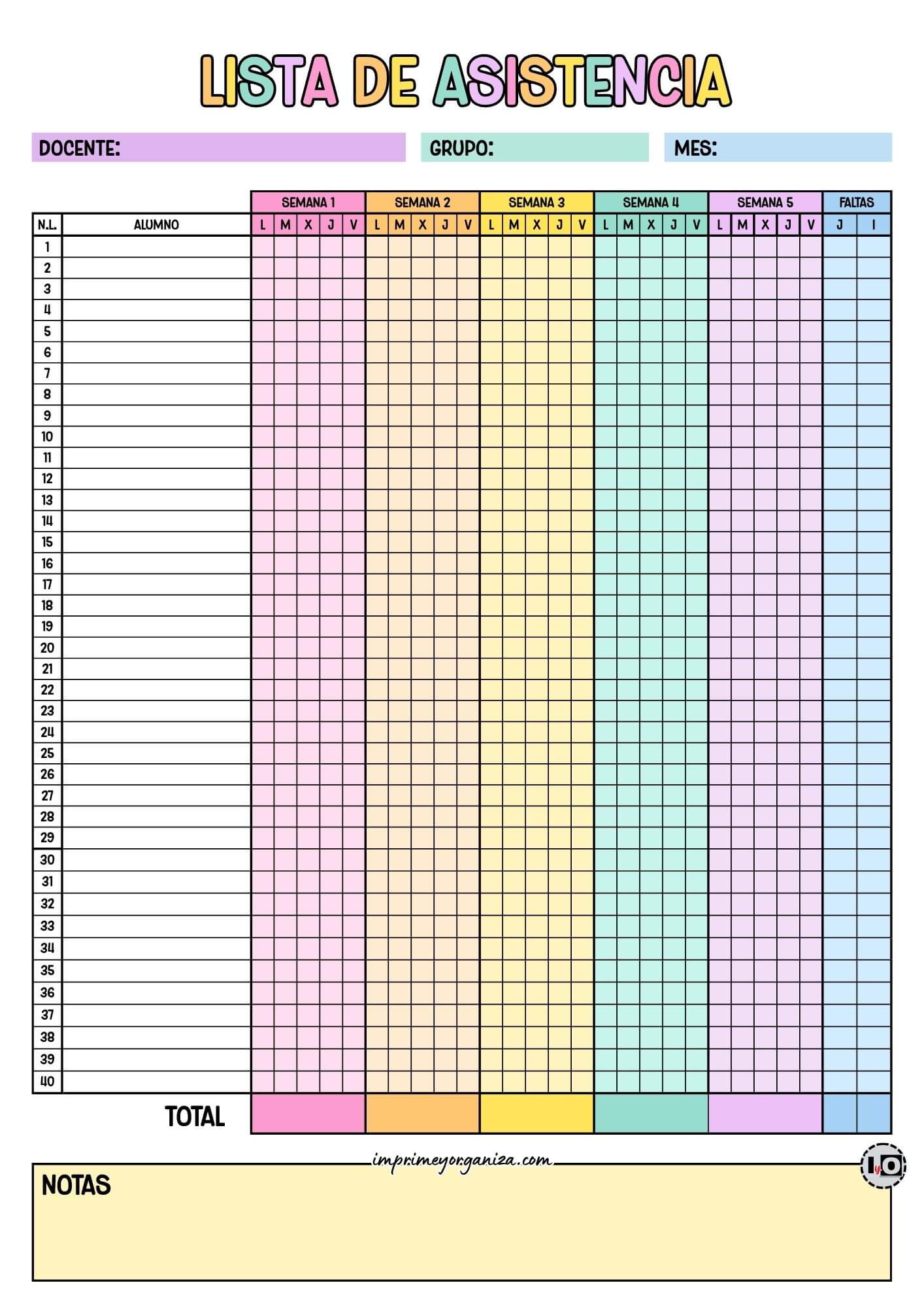 Lista de asistencia para 40 alumnos Pastel