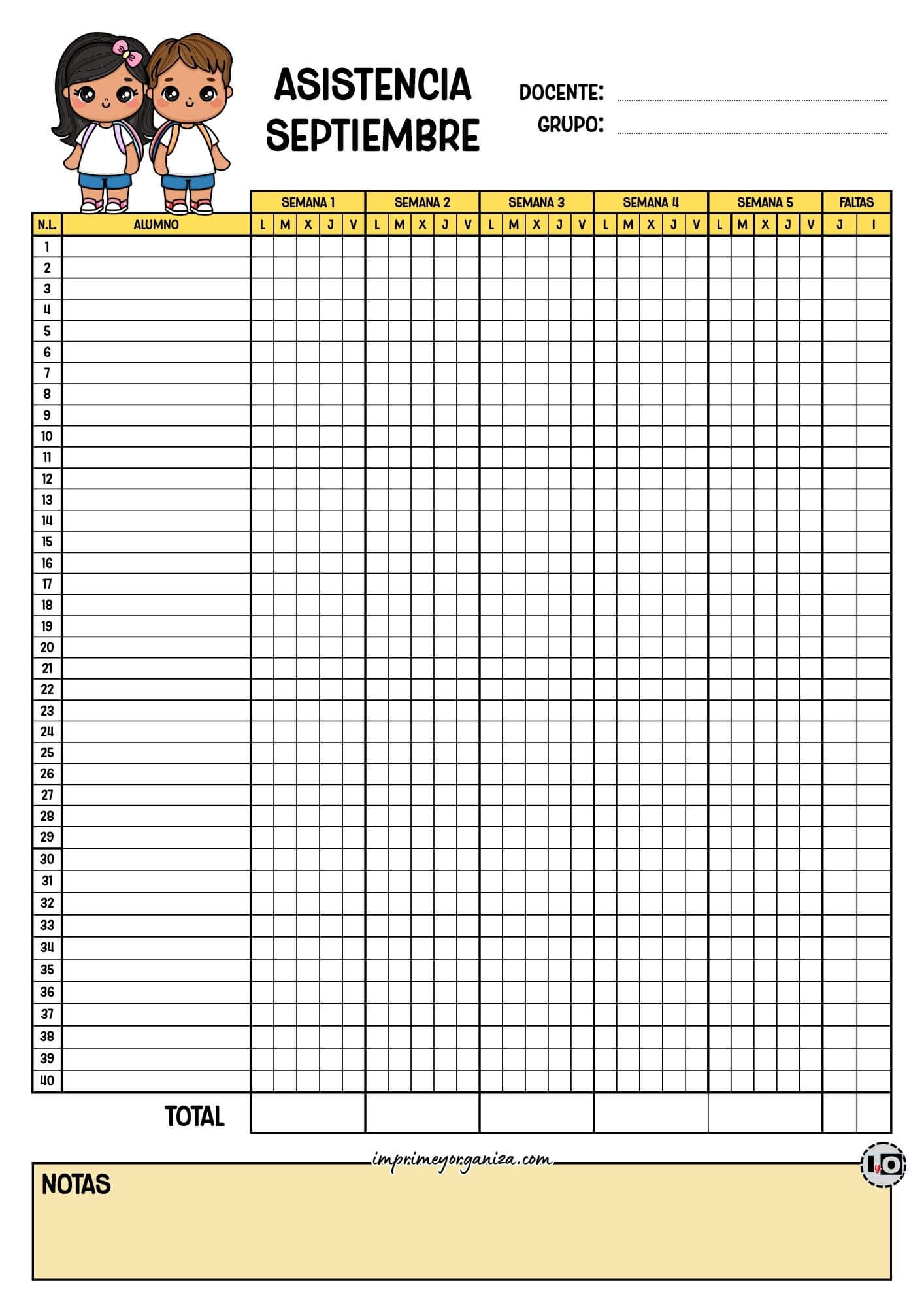 Lista de asistencia para 40 alumnos Septiembre
