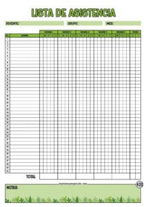 Lista de asistencia para 40 alumnos Verde y Hojas