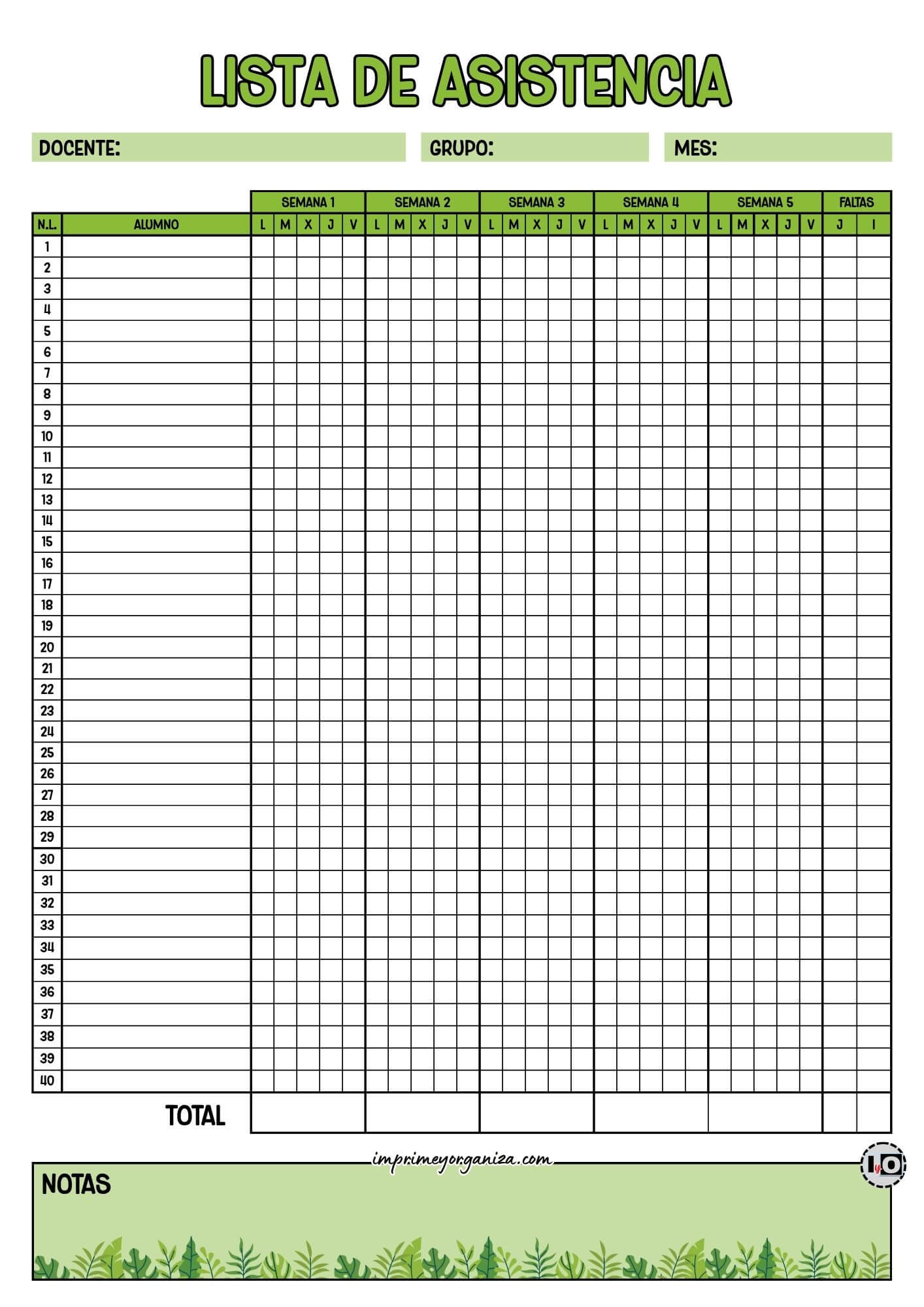 Lista de asistencia para 40 alumnos Verde y Hojas