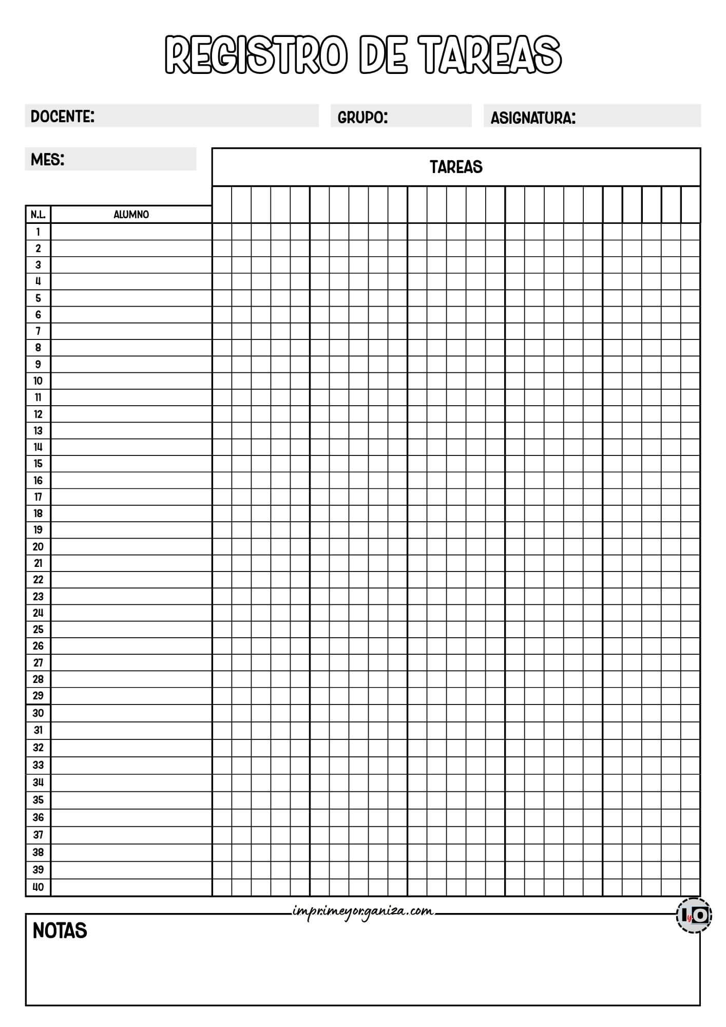 Registro de Tareas Blanco y Negro