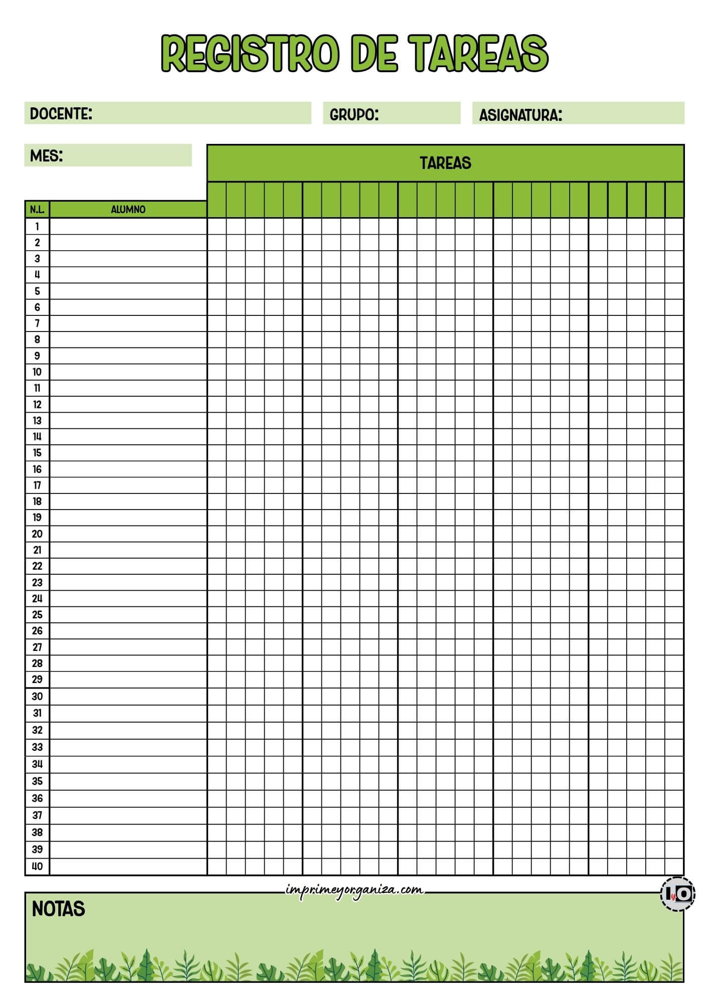 Registro de Tareas Verde y Hojas