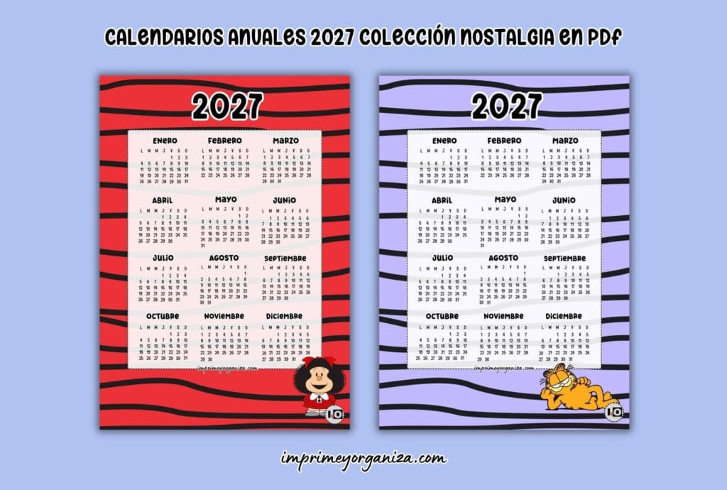 calendarios anuales 2027 personajes nostalgia para imprimir en PDF gratis