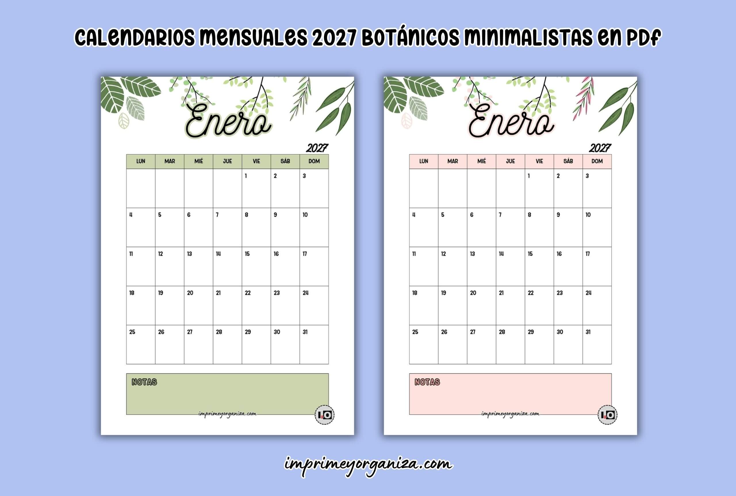 calendarios mensuales 2027 botánicos minimalistas para imprimir en PDF gratis