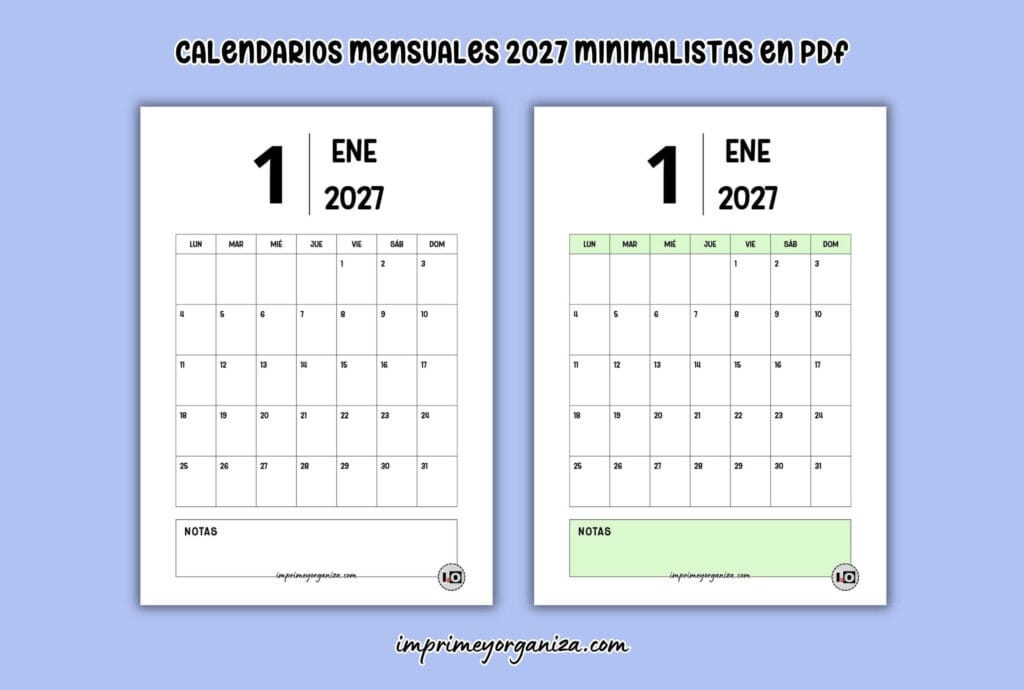 calendarios mensuales minimalistas 2027 para imprimir en PDF gratis