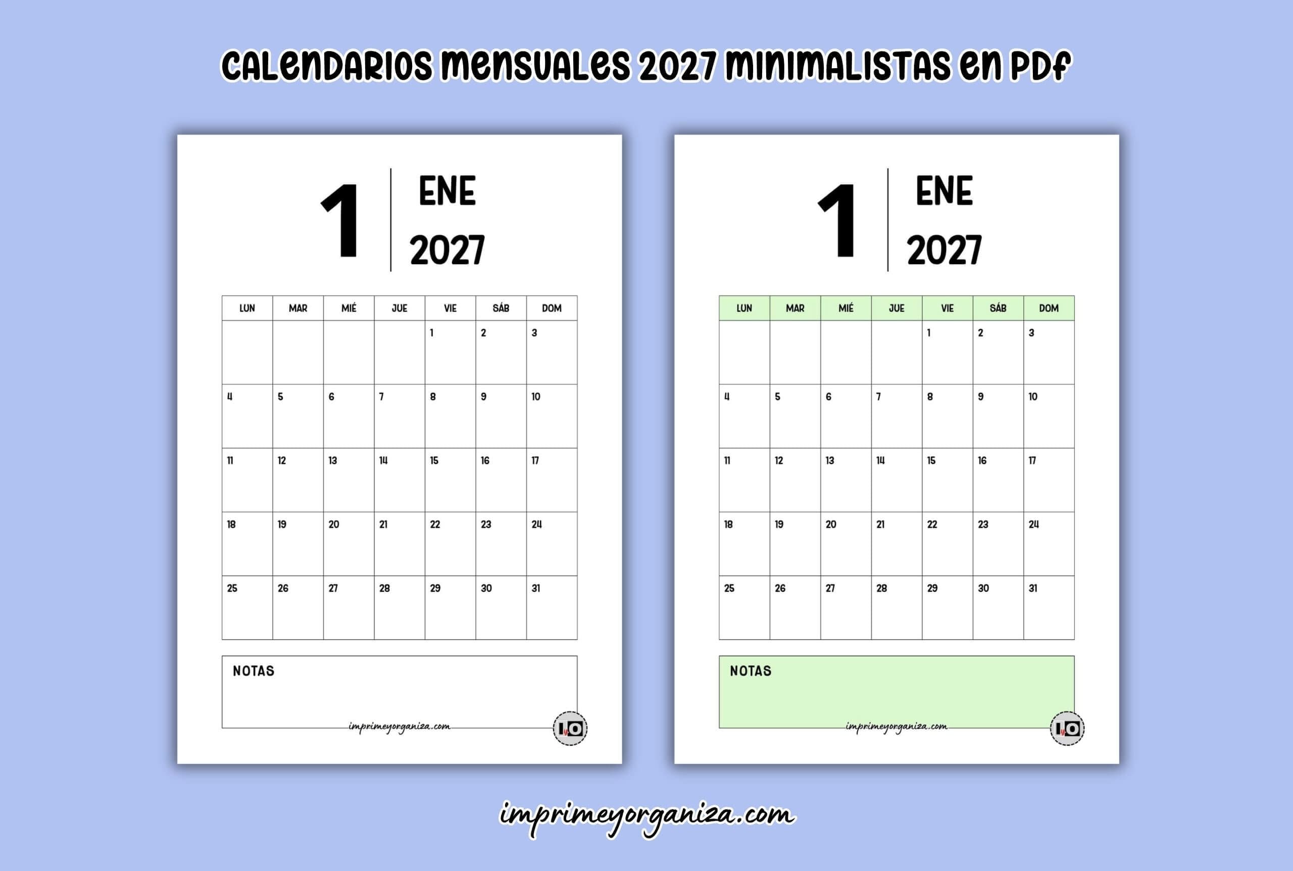 calendarios mensuales minimalistas 2027 para imprimir en PDF gratis
