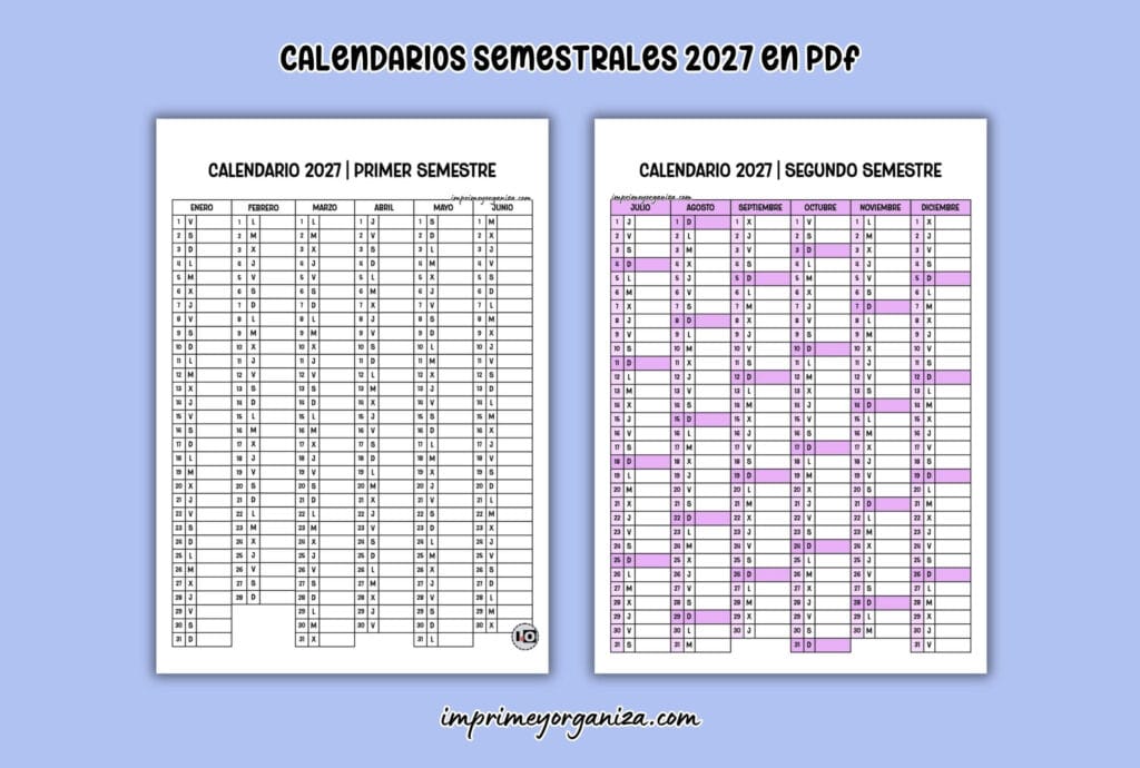 calendarios semestrales 2027 para imprimir en PDF gratis