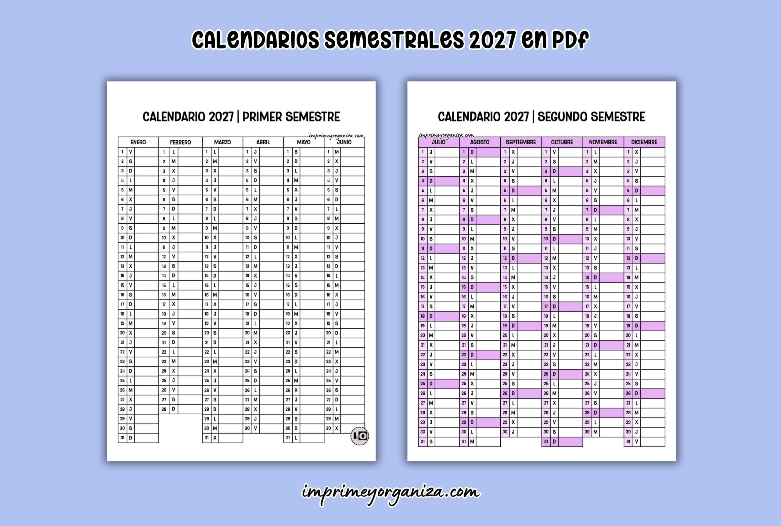 calendarios semestrales 2027 para imprimir en PDF gratis