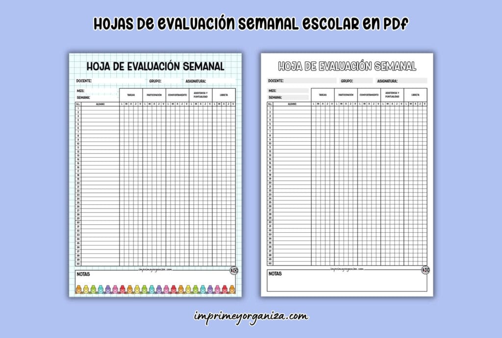 hojas de evaluación semanal escolar para docentes para imprimir en PDF gratis