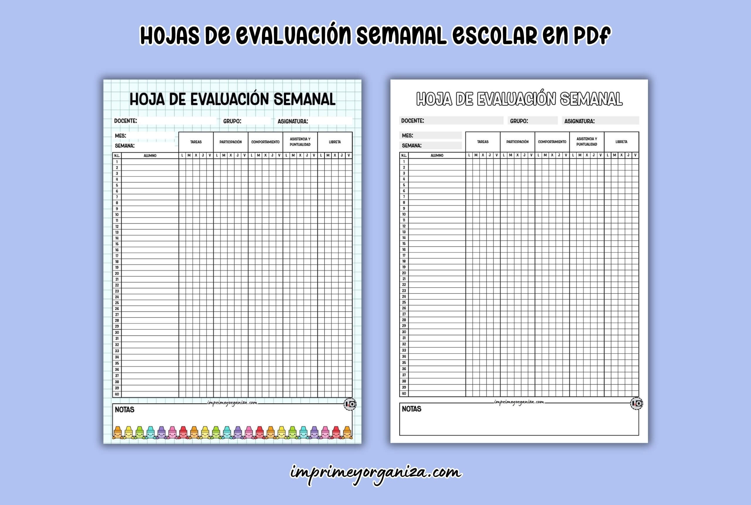 hojas de evaluación semanal escolar para docentes para imprimir en PDF gratis