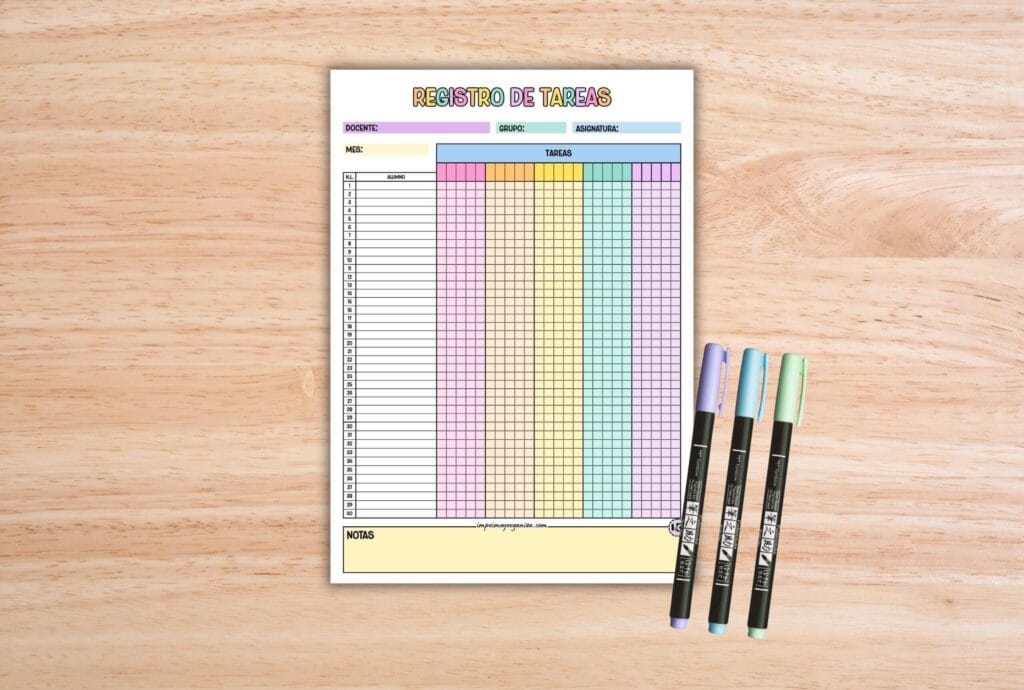 hojas de registro de tareas escolares para docentes para imprimir en PDF gratis