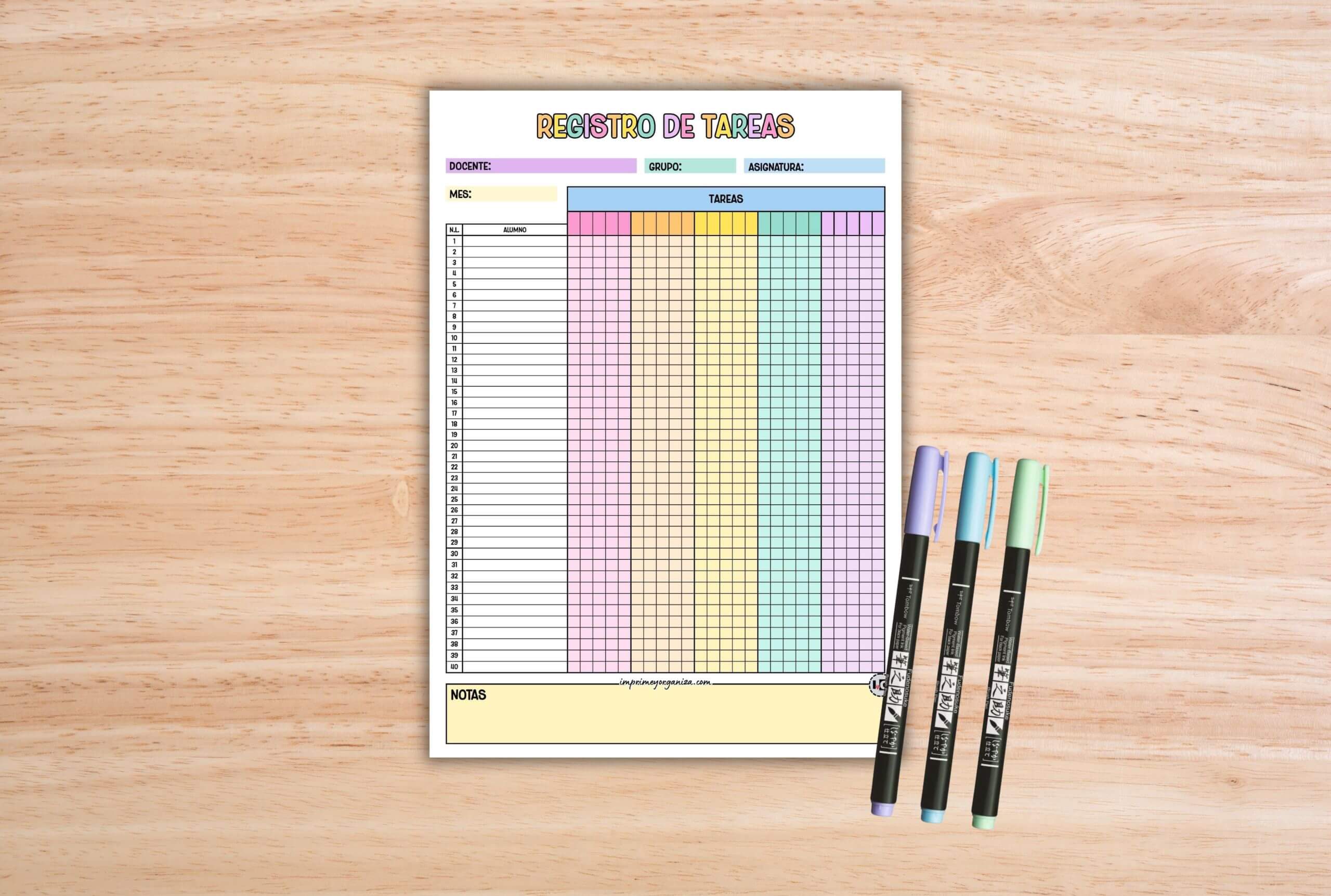 hojas de registro de tareas escolares para docentes para imprimir en PDF gratis