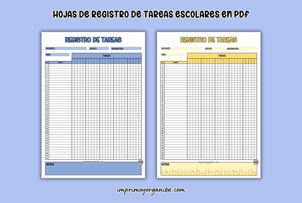 hojas de registro de tareas escolares para imprimir en PDF gratis