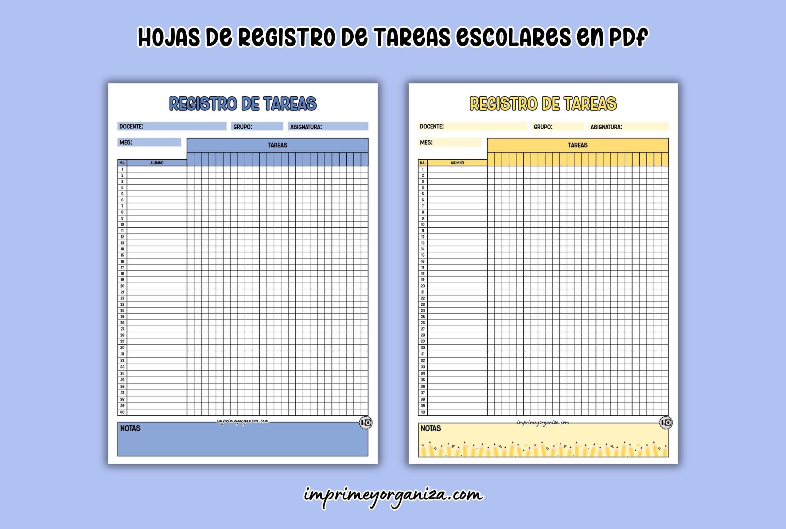 hojas de registro de tareas escolares para imprimir en PDF gratis
