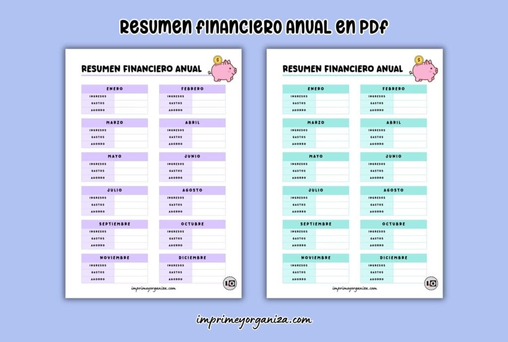 hojas de resumen financiero anual de colores para imprimir en PDF gratis