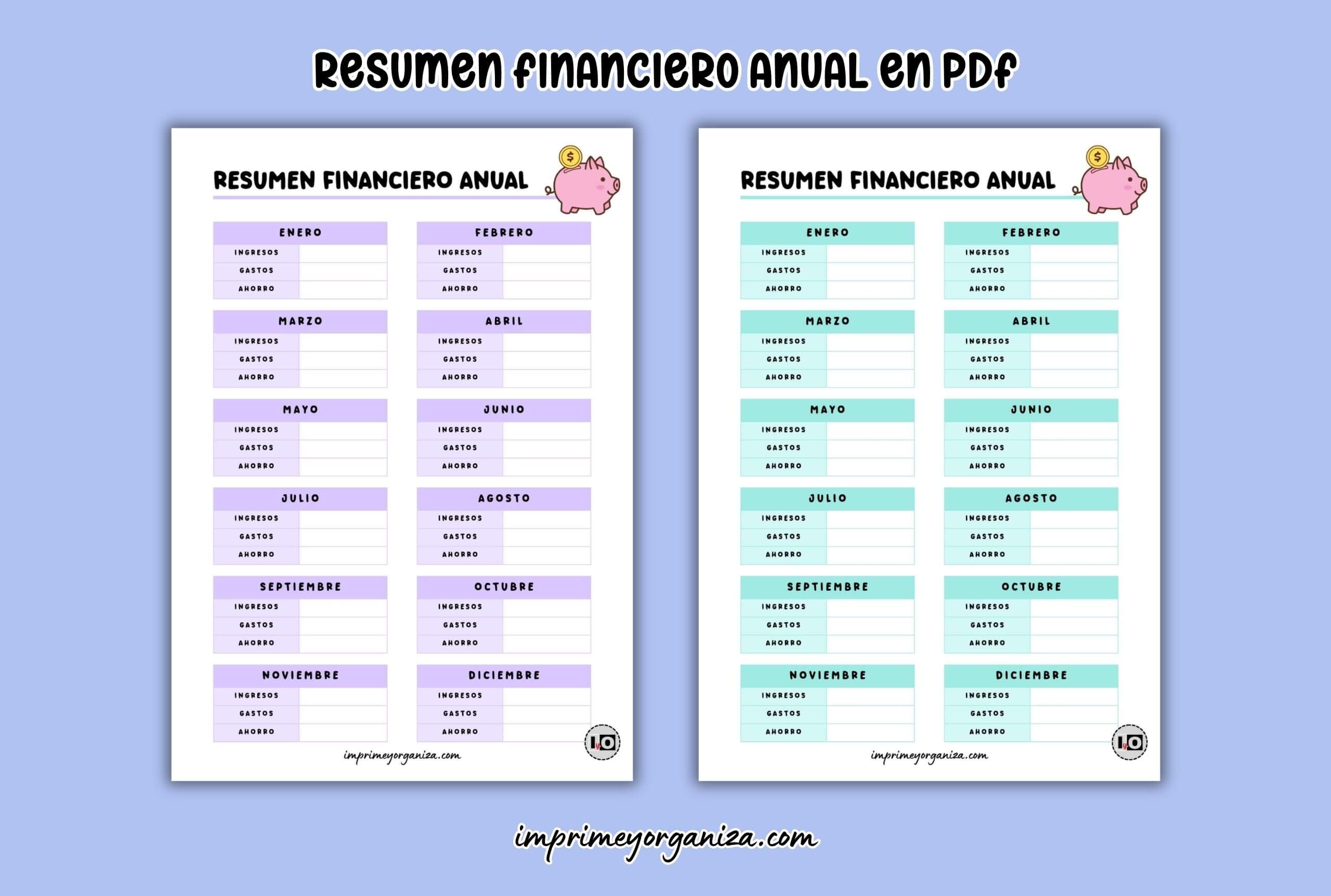 hojas de resumen financiero anual de colores para imprimir en PDF gratis