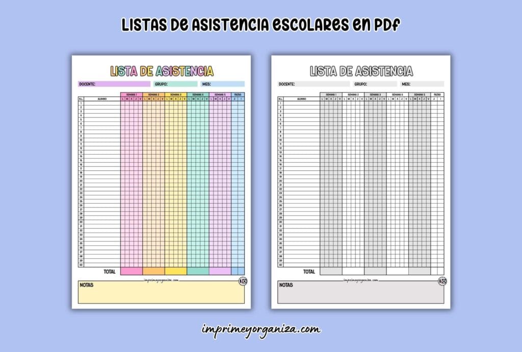 listas de asistencia escolares para imprimir en PDF gratis